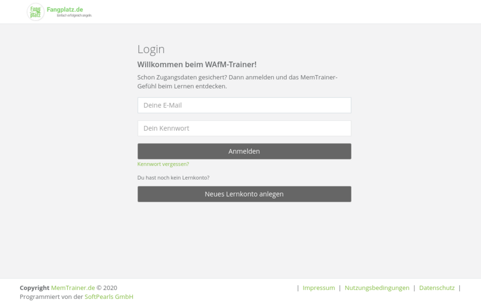  Anmeldung beim Fangplatz.de-MemTrainer.